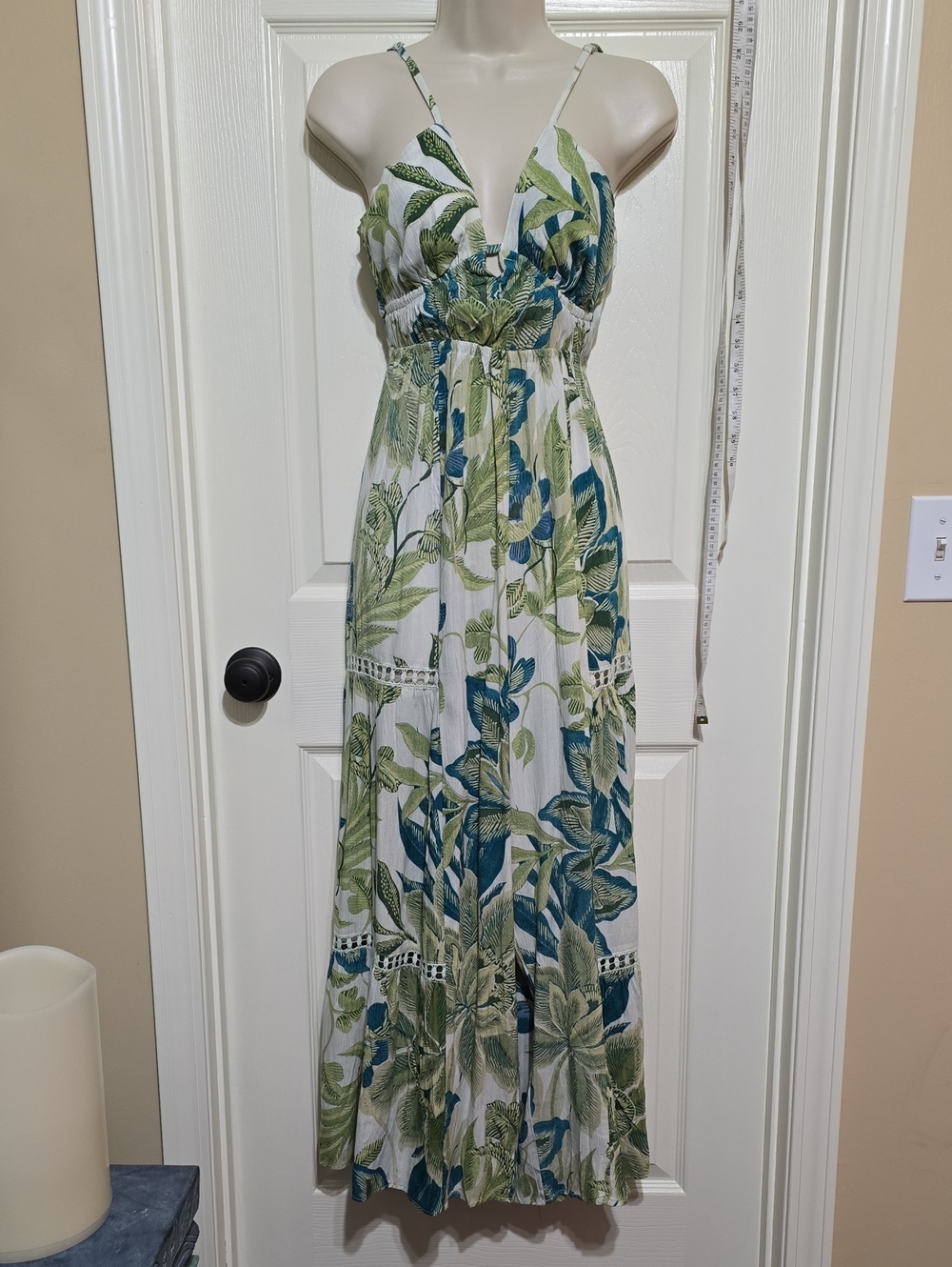 White Jumpsuit with Green & Blue Tropical Leaf Print